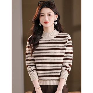 Áo len dệt kim sọc dài tay nữ thu đông Áo len nửa cổ cao Loo