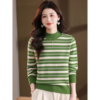 Áo len dệt kim sọc dài tay nữ thu đông Áo len nửa cổ cao Loo