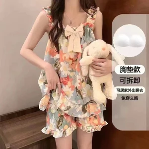 Quần Short Sling Có Miếng Lót Ngực Bộ Đồ Ngủ Nữ Rời Nơ Dễ Thương Hoa Bé Gái Dệt Bong Bóng Cotton Phù Hợp Với 5.12