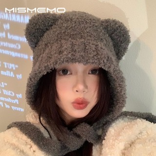 MISMEMO Tai Gấu Dễ Thương Mũ Len Nữ Thu Đông Đầu Lớn Chu Vi Mặt Nhỏ Mũ Dệt Kim Phiên Bản Hàn Quốc Mũ Bảo Vệ Tai Ấm Áp