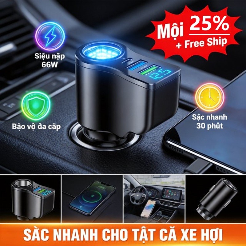 Tàu sạc nhanh ô tô 66W Sạc điện thoại 4 cổng Type C QC 3.0 Kèm màn hình LED Tương thích đa thiết bị Xe hơi Ford Toyota Hyundai