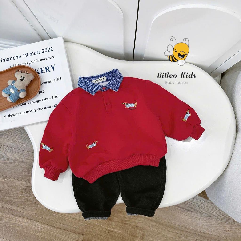 [BiBeo Kids] Bộ Quần Áo Nỉ Bé Trai Phối Áo Đỏ Cổ Sơ Mi Xanh Quần Giả Bò Đen – Set Dài Tay Thời Trang, Lịch Sự, Năng Động
