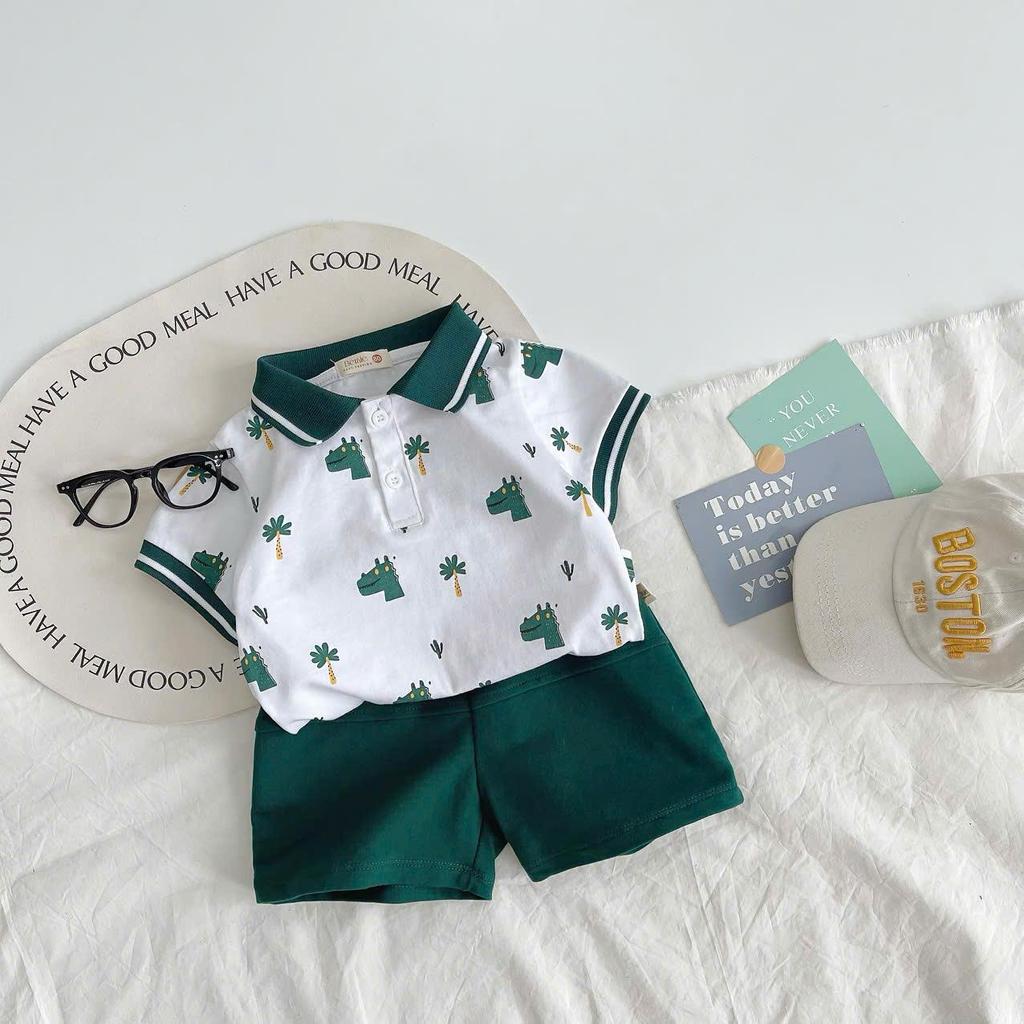Bộ quần áo POLO IN KHỦNG LONG QUẦN XANH CHO BÉ TRAI,  Bộ quần áo chất COTTON thoải mái cho bé
