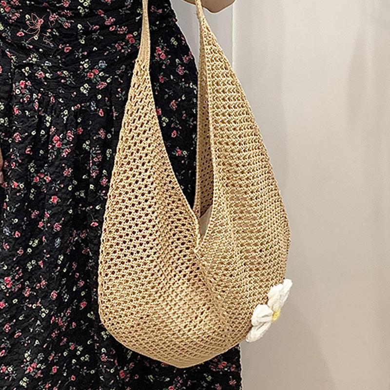 Túi bện nữ HNKMP Túi Tote đeo vai phong cách Hàn Quốc Phong cách lười biếng Túi đi biển hoa rỗng dệt kim.