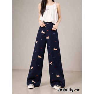 DADULILY Quần Jean Ống Thẳng Thêu Con Chó Con Màu Xanh Cổ Điển Của Mỹ
