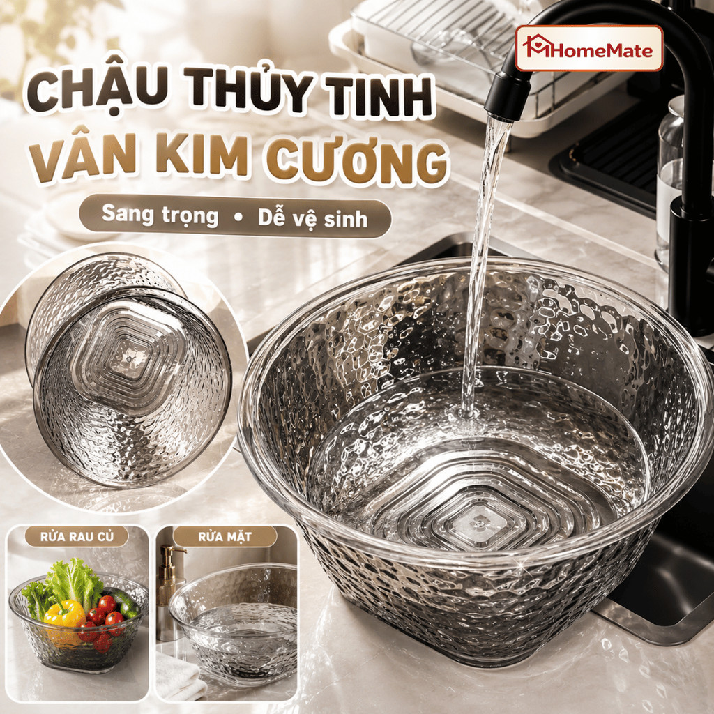 Chậu Rửa Mặt Trong Suốt Vân Kim Cương HomeMate, Thau Nhựa Acrylic Có Móc Treo Tiện Lợi Sang Trọng