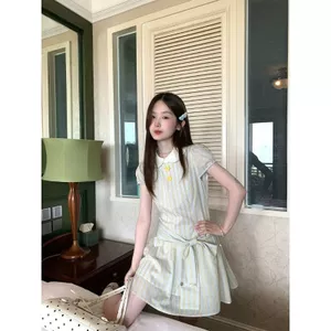 Cổ búp bê sọc ngắn tay phong cách ngọt ngào kiểu Pháp Váy ngắn hẹp mùa hè Phong cách mới Váy ngắn giảm tuổi nhỏ