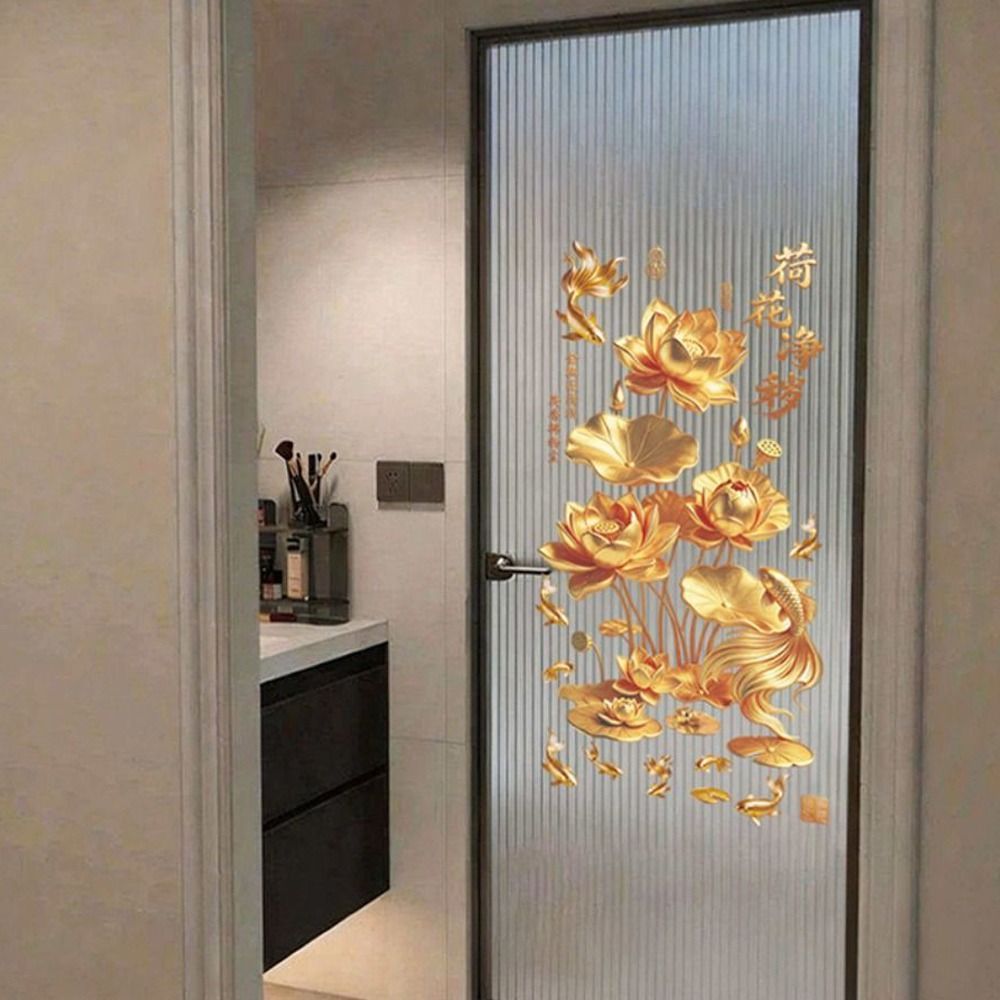 CAST 2 Miếng Dán Tường Sen Vàng, Nhãn Dán Koi Hoa Chống Tĩnh Điện, Nhãn Dán Cửa Kính Phong Cách Trung Hoa Bằng Nhựa Cho Nhà Tắm Và Phòng Ngủ
