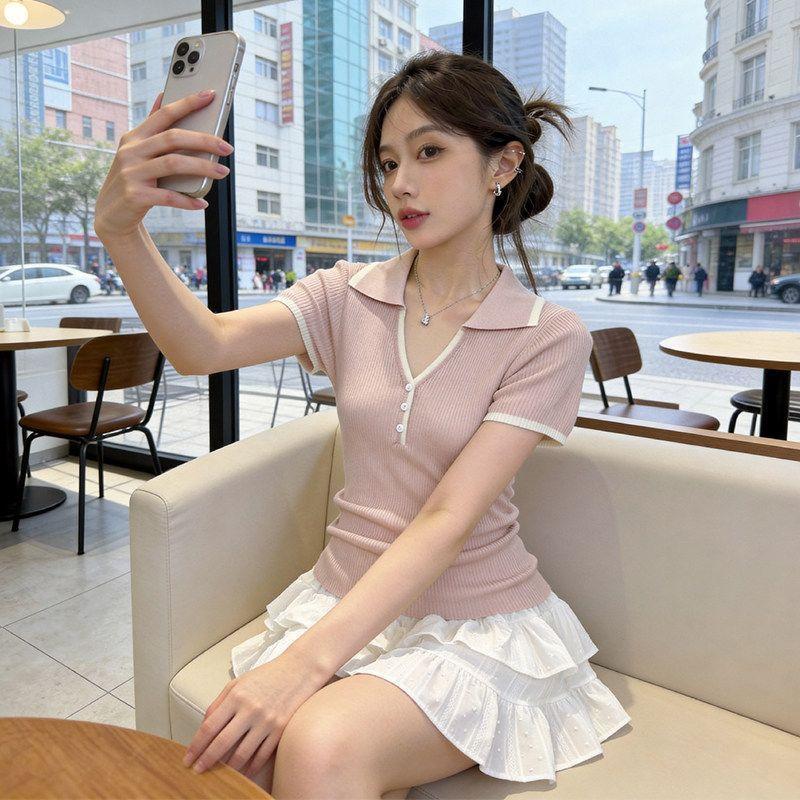 [Thời gian có hạn Seckill] Áo thun ngắn tay dệt kim màu tương phản kiểu Pháp dành cho nữ Mùa hè Phong cách mới Slim-Fit Slimmer Look Áo sơ mi nhỏ hàng đầu độc đáo