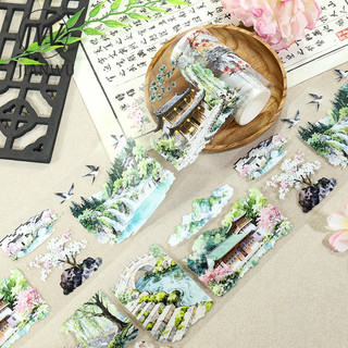 JIANWU 80mm * 200cm Vintage Núi Sông Tháp Vật Liệu Phong Cảnh Cắt Băng Thêu Sò PET Sáng Tạo DIY Tạp Chí Văn Phòng Phẩm