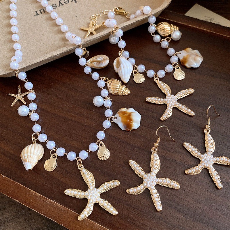 Phong Cách Bohemian Sao Biển Vỏ Ngọc Trai Vòng Cổ Thời Trang Nữ Cá Tính Xương Đòn Dây Xích Bãi Biển Ảnh Phụ Kiện