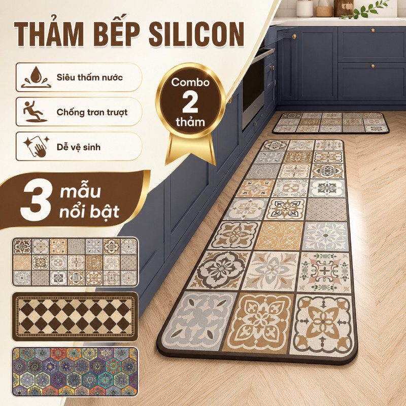 Thảm Lau Chân Silicon Siêu Thấm Nước, Combo 2 Thảm Bếp Cao Cấp, Chống Trơn Trượt, Dễ Vệ Sinh