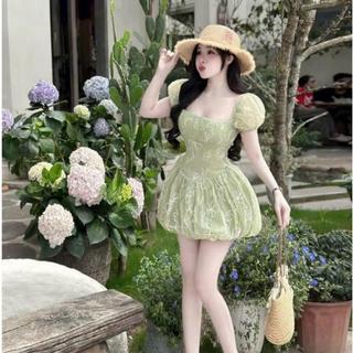 Đầm Tiểu Thư Thêu Hoa Thiết Kế Cổ Vuông Tay Phồng Dáng Bí Bồng Bềnh Ld_Store Fashion