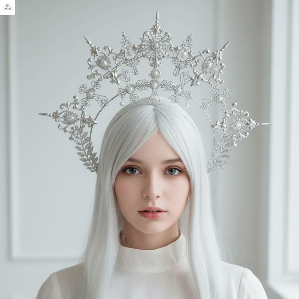 POYFOX Sun Goddess Crown, Chất liệu hợp kim kim kim loại dát ngọc trai giả Baroque Tiara Headband, Chi tiết chữ thập tinh tế Thiết kế gai nhọn mạ vàng