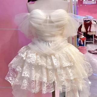 ￼Đầm Váy Tơ Trễ Vai Cúp Ngực Phối Chân Váy Ren Tua Rua Nhiều Tầng Phong Cách Tiểu Thư Sexy Sang Chảnh Ld Strore Fashion