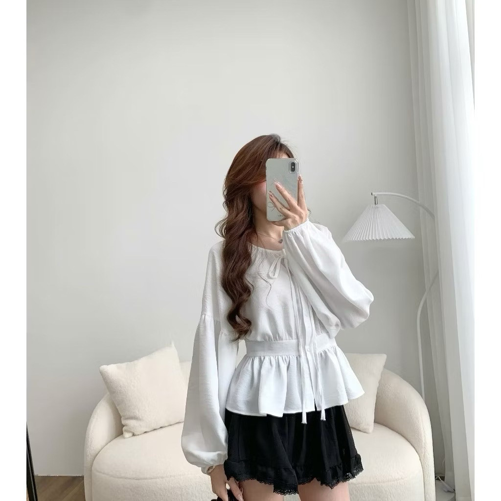 Áo Sơ Mi Cổ Nơ Tay Bồng Thân Bo Eo Chun Lưng Chất Đũi A3168 Kenco clothing.saigon Thời Trang Nữ
