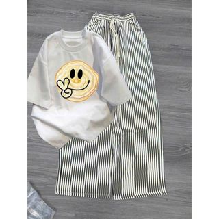 Bộ quần ống rộng kẻ vằn  Xốp+ kết hợp áo phông Mùa hè hình XIN CHÀO- thubaaa