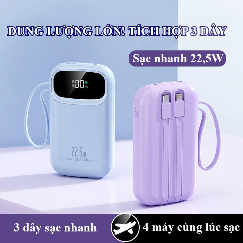 Sạc Dự Phòng 30000mAh Sạc Nhanh PD 22.5W Tự Tích Hợp Dây Đôi Quai Xách Màn Hình LED Đa Năng