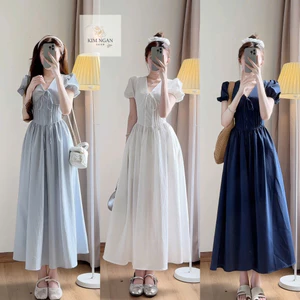 Váy cổ V dáng dài tay phồng phong cách tiểu thư hàn quốc -V99