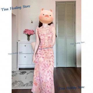 Đầm dây hoa hồng phong cách Pháp cho phụ nữ, váy dài đi biển nghỉ dưỡng cao cấp, thanh lịch