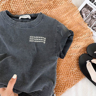 Bé Trai Rửa Nước Đau Khổ Đen Nguyên Chất Cotton Ngắn Tay Áo Thun Đẹp Trai In Chữ Nửa Tay Top