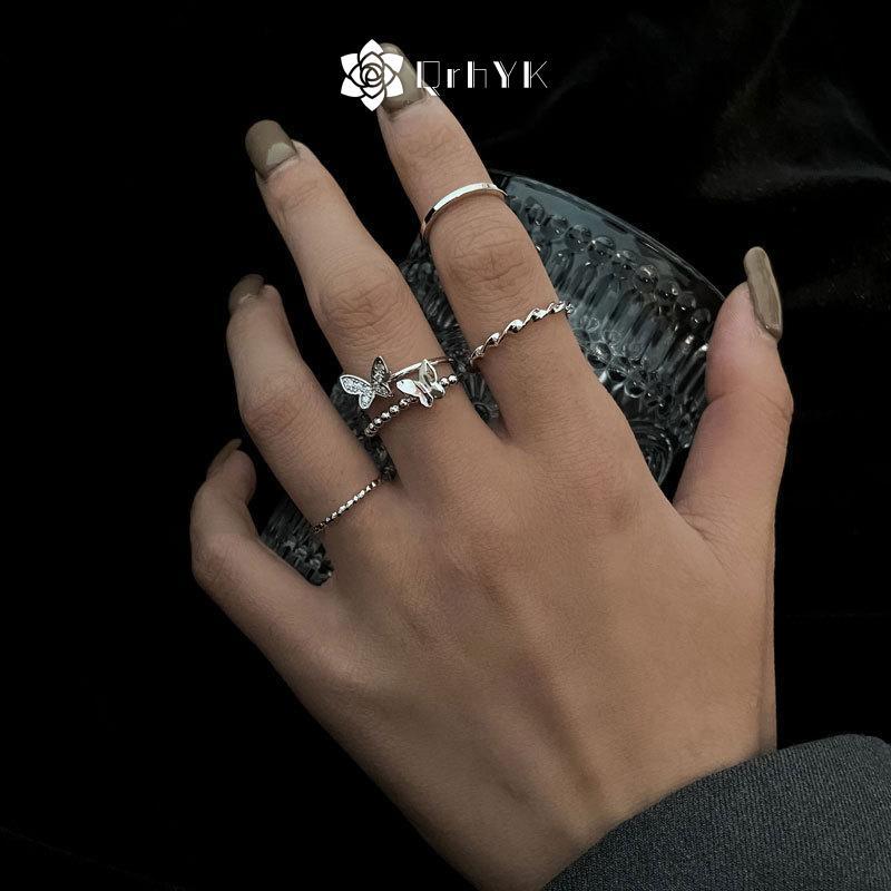 QrhYK 4 Bướm Xoắn Nhẫn Bộ Dành Cho Nữ Bé Gái Có Thể Điều Chỉnh Tối Giản Bộ Nhẫn Thanh Lịch Trang Sức Thời Trang Quà Tặng Hợp Thời Trang Mới