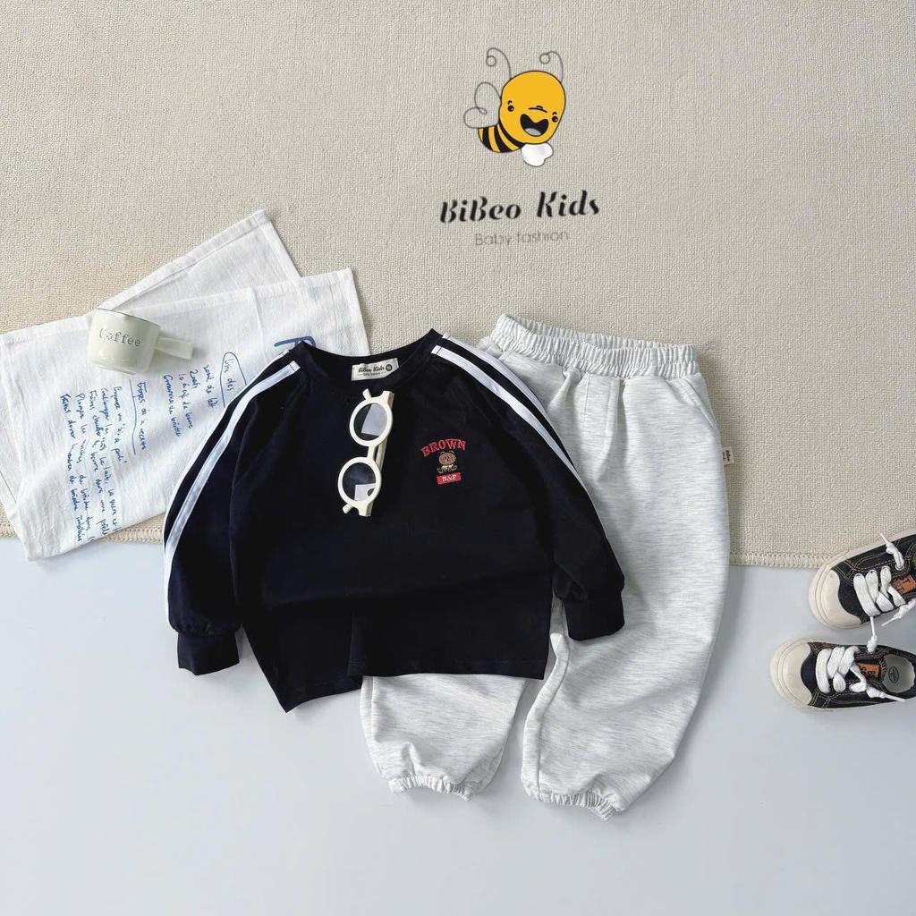[BiBeo Kids] Bộ Quần Áo THU ĐÔNG PHỐI DÂY THÊU GẤU BROWN cho bé trai ,Bộ quần áo dài tay cho bé