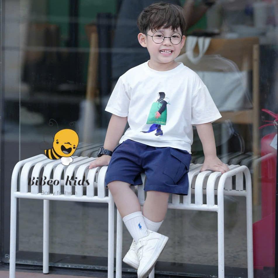 Bộ quần áo IN DESIGNUEMO quần Kaki xanh than túi hộp cho bé trai , Quần áo chất COTTON mềm thoải mái cho bé