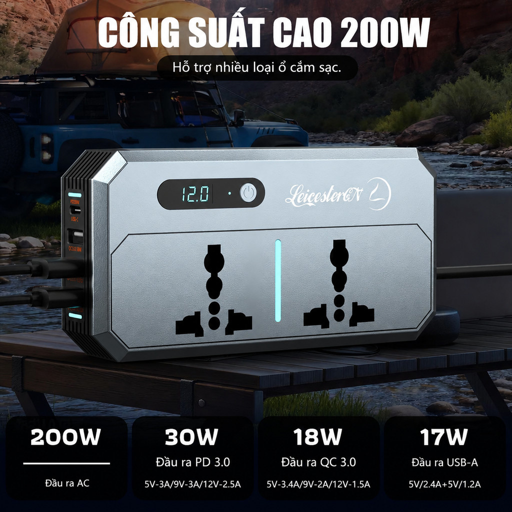 Bộ chuyển đổi ô tô 12/24V lên 220V 200W sạc nhanh PD QC3.0 36W LCD laptop/đt COD