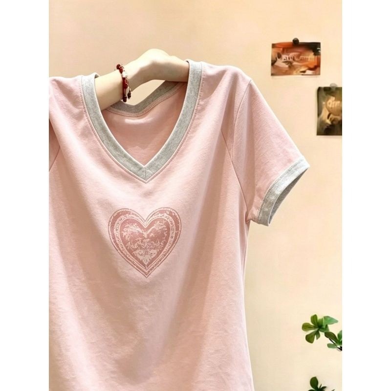 Cotton plus size Hàn Quốc Cổ Chữ V In Hình Tình Yêu Mùa Hè Mới Rời Tay Ngắn Dành Cho Nữ