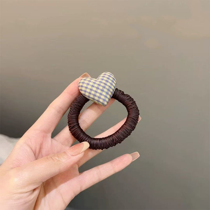 Dây buộc tóc trái tim kẻ sọc, Dây buộc tóc thun trái tim bằng vải ca rô dễ thương, Dây buộc tóc co giãn an toàn không trượt cho nữ