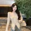 Kudosation Thu Đông Raw Edge V-ne Tay Dài Không Đều Sang Trọng Mỏng Dệt Kim Cardigan Dành Cho Nữ Đẹp