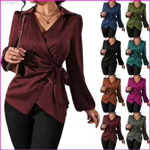 VIC Nữ Satin Cổ Chữ V Áo Lồng Tay Bọc Thắt Lưng Công Sở Đầm Áo Sơ Mi Cao Cấp