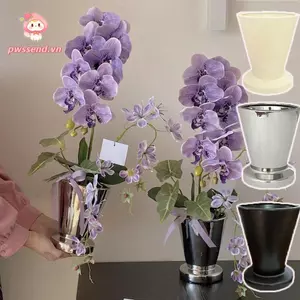 Chậu hoa lan PWSEND Phalaenopsis, Chậu hoa màu đen mạ điện, Hộp đựng cây gốm sứ màu bạc chất lượng cao