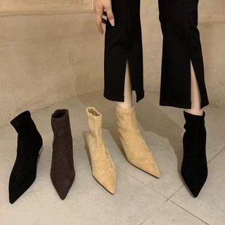 Giày Bốt Ngắn Nữ Mũi Nhọn Stiletto Gót Chân Slip-On Thời Trang Slimm