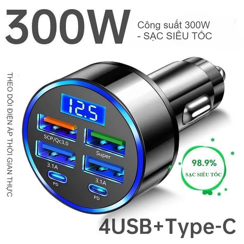 Tẩu Sạc Ô Tô Nhanh PD QC3.0,Tẩu Sạc Nhanh 6 Cổng USB C đa Năng,Màn hình kỹ thuật số LED,Cho Iphone Android Điện Thoại