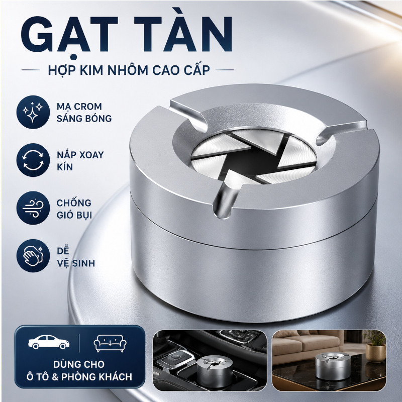 Gạt Tàn Hợp Kim Nhôm Cao Cấp, Mạ Crom Sáng Bóng, Nắp Xoay Kín Chống Gió Bụi, Dễ Vệ Sinh, Dùng Cho Ô Tô Và Phòng Khách