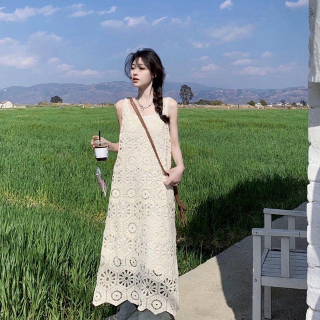 [Hàng mới về] Váy Vest rỗng kiểu cổ điển mùa hè dành cho nữ Váy dệt kim dáng rộng