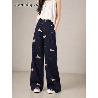 DADULILY Quần Jean Ống Thẳng Thêu Con Chó Con Màu Xanh Cổ Điển Của Mỹ