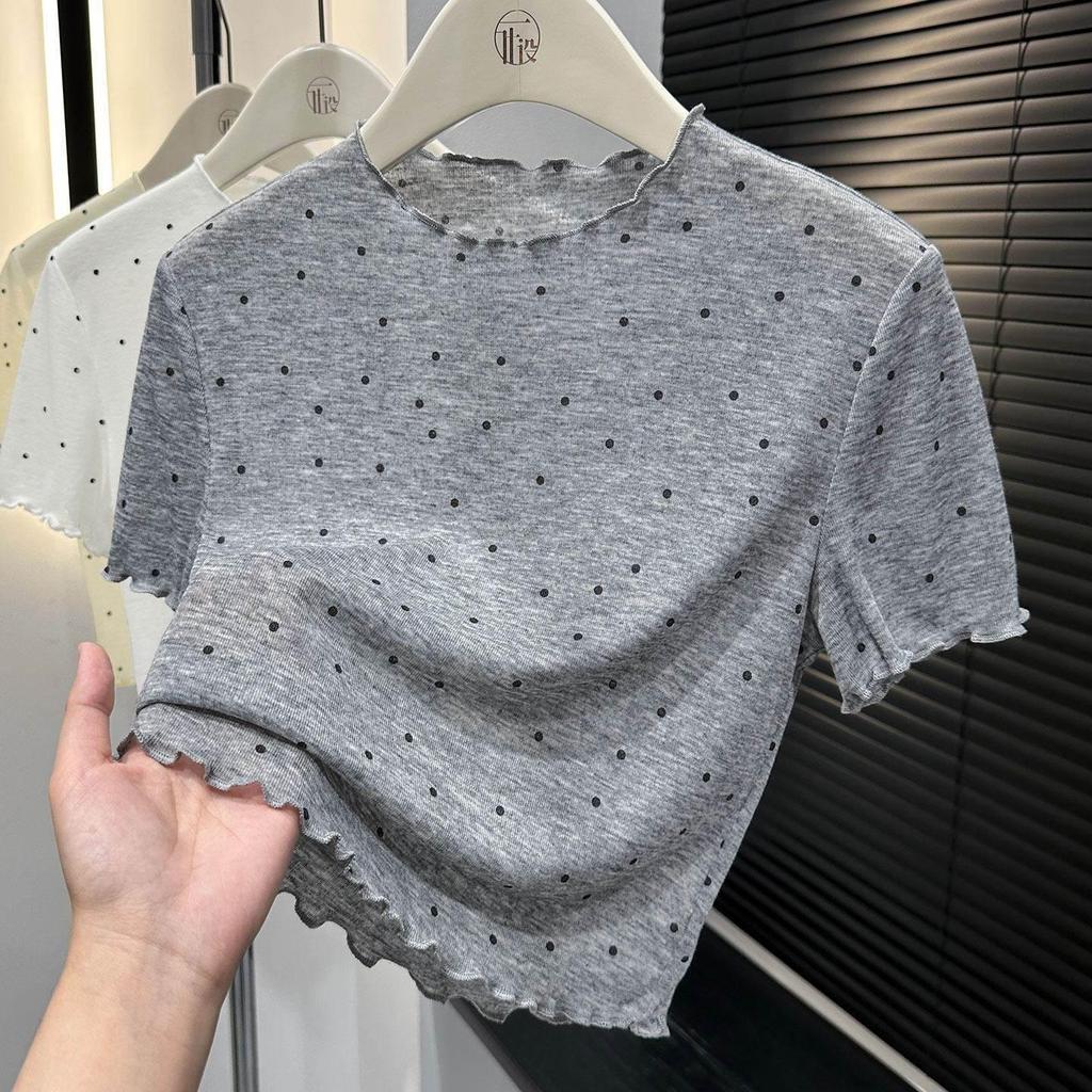 [Hàng Mới Về] Mùa Hè Mỏng Phong Cách Chấm Bi Nấm Cạnh Mặt nạ Tay Ngắn Mỏng Áo Thun Ngắn Top Nữ