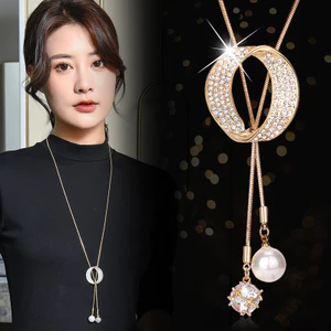 Phiên Bản Hàn Quốc Hình Bầu Dục Ngọc Trai Zircon Áo Len Nữ Thời Trang Đơn Giản Vòng Cổ Dài Tất Cả Các Trận Đấu Phụ Kiện