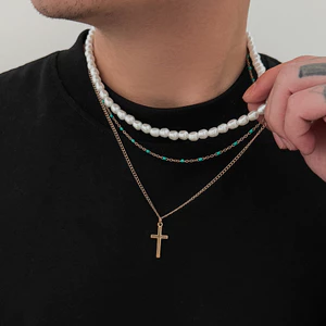 Mặt dây chuyền chữ thập nhiều lớp màu vàng Unisex & Vòng đeo hạt ngọc trai - Điểm nhấn ngọc lam ba lớp - 51-60cm Trang sức hàng ngày hợp thời trang có thể điều chỉnh