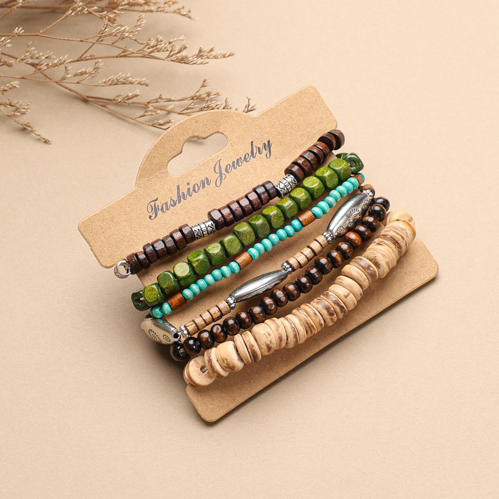 Set 6 Vòng Tay Hạt Gỗ Đeo Chồng Phong Cách Ethnic Vintage Họa Tiết Cổ Truyền Phụ Kiện Thời Trang Cho Nữ