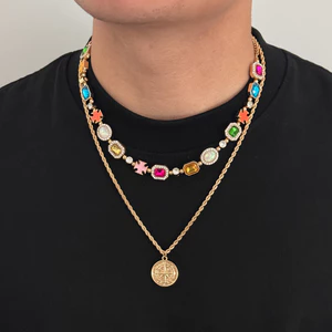 Vòng cổ vàng nhiều lớp Unisex - Mặt dây chuyền la bàn đá quý nhiều màu sắc hai lớp - Trang sức hợp thời trang mạ vàng 51-60cm có thể điều chỉnh