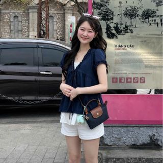 Ấo babydoll dành cho nữ phối thân trắng liền thắt nơ dáng xuông phối viền mix đồ cực dễ