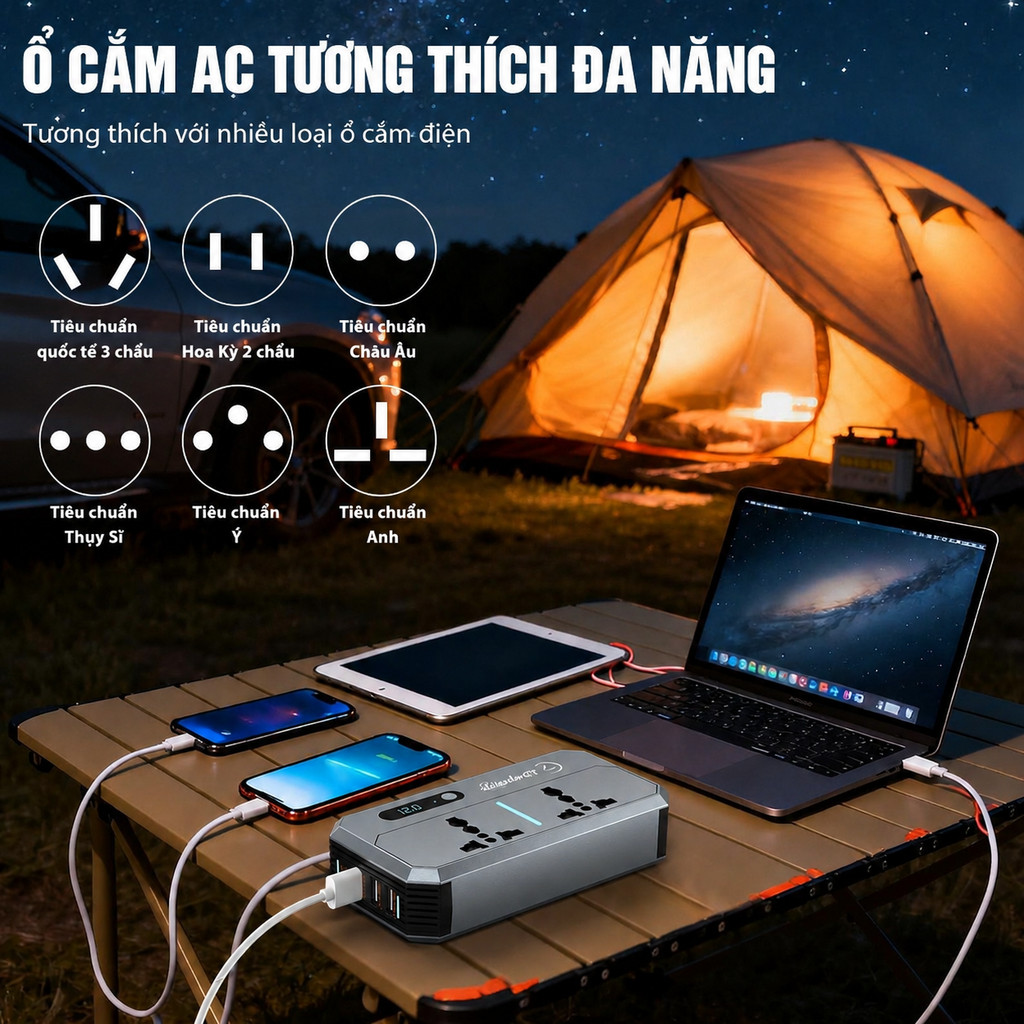 Bộ chuyển đổi ô tô 12/24V lên 220V 200W sạc nhanh PD QC3.0 36W LCD laptop/đt COD