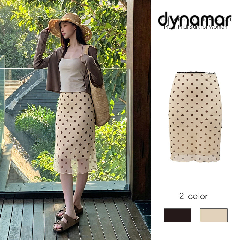 【dynamar】Hàng Có Sẵn-Chân váy lưới dài họa tiết chấm bi trắng Ocean Skirt, phù hợp để đi chơi biển vào mùa hè