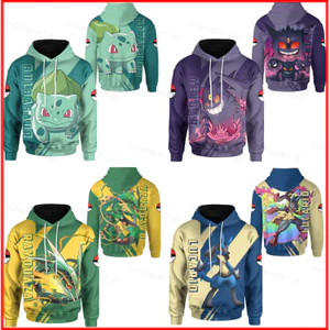 YB1 Pokemon Kid Áo Dài Tay Unisex Top Cosplay Gengar Squirtle Lucario Rayquaza Mewtwo Áo Len 3D Áo Chui Đầu Trên