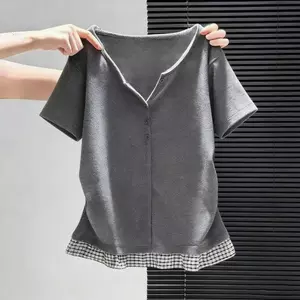 Áo thun ngắn tay dáng rộng mùa hè có họa tiết màu xám giả thiết kế hai mảnh áo thun nữ ngắn tay