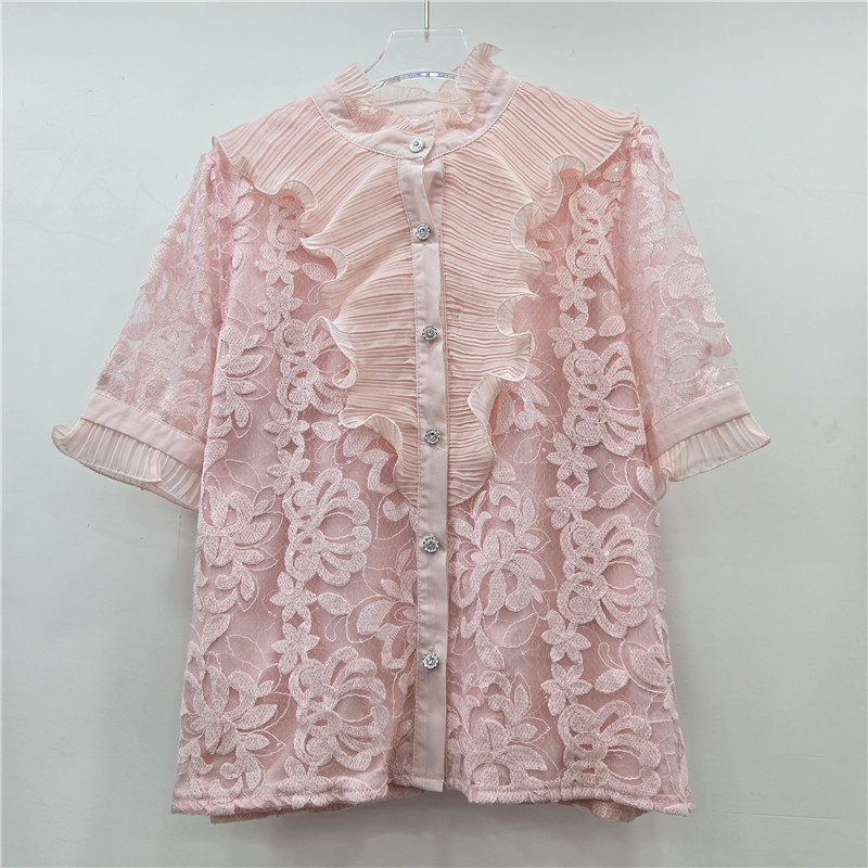 Cung Điện Retro Ánh Sáng Sang Trọng Người Nổi Tiếng Giảm Tuổi Rỗng Ren Khâu Xù Đứng Cổ Áo Sơ Mi Nữ Cao Cấp Top Hợp Thời Trang
